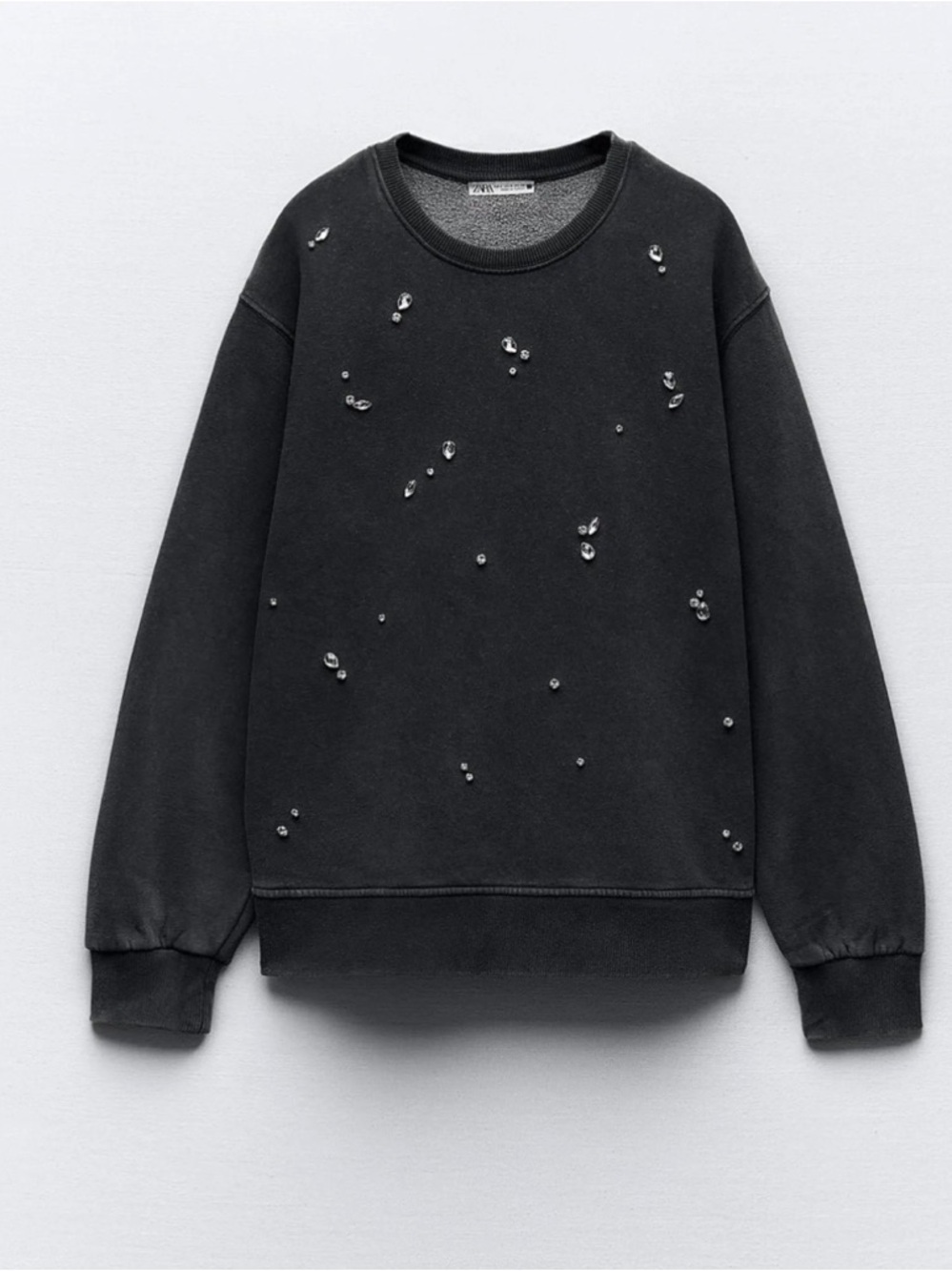 ZARA Embellished‎ Distressed Dark Gray Crewneck Sweatshirt Sz M